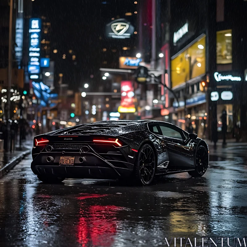 Elegant Black Car in Rainy Night City AI Image