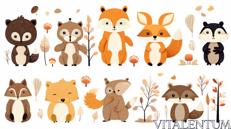 Collection of Cute Animals in Autumn Forest - Cartoon Artwork AI Image