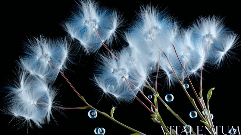 Dreamy Dandelion Seeds with Water Droplets on a Black Background AI Image
