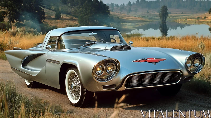 Classic Car with Stunning Lake View AI Image