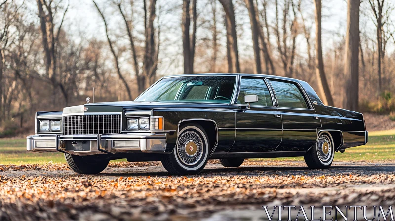 Vintage Black Sedan with Autumn Leaves AI Image