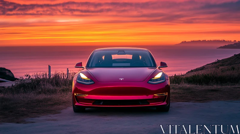 Electric Vehicle with Sunset View AI Image