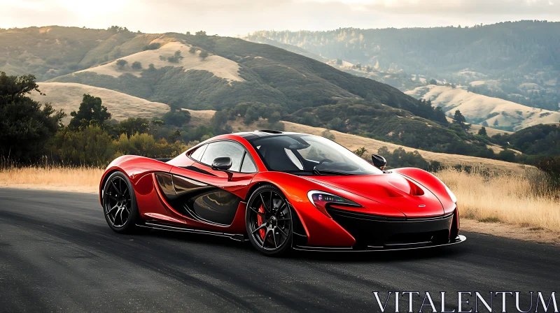 Gleaming Red Supercar with Scenic Backdrop AI Image