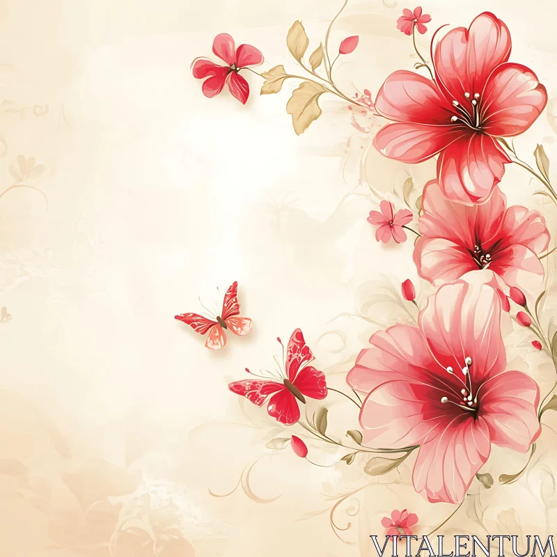 Graceful Pink Blossoms with Butterflies AI Image