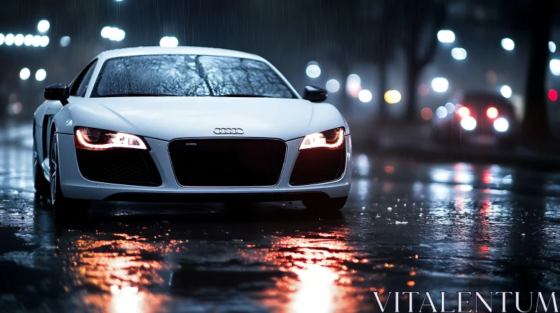 Sleek White Car in Rainy Urban Setting AI Image