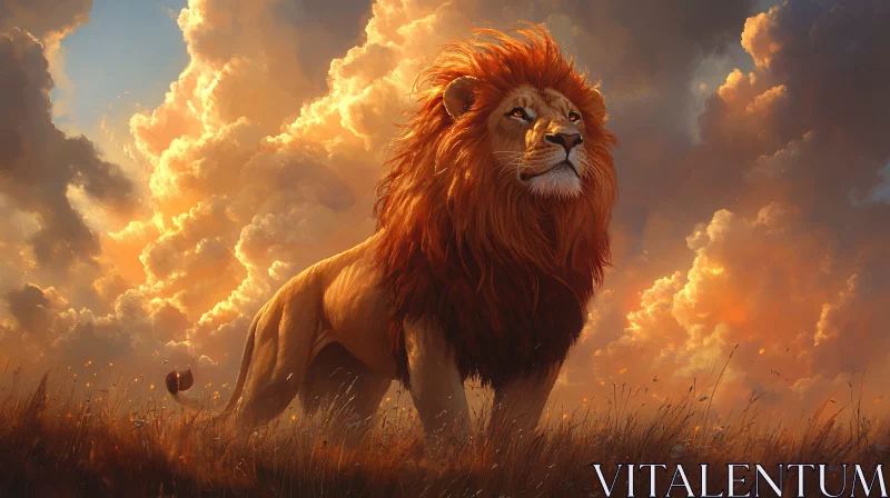 Lion in Radiant Sunset Landscape AI Image