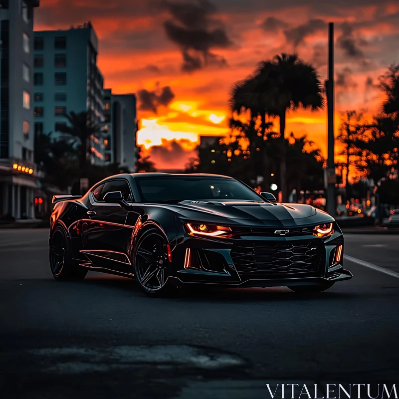 Urban Sunset with a Modern Sports Car AI Image