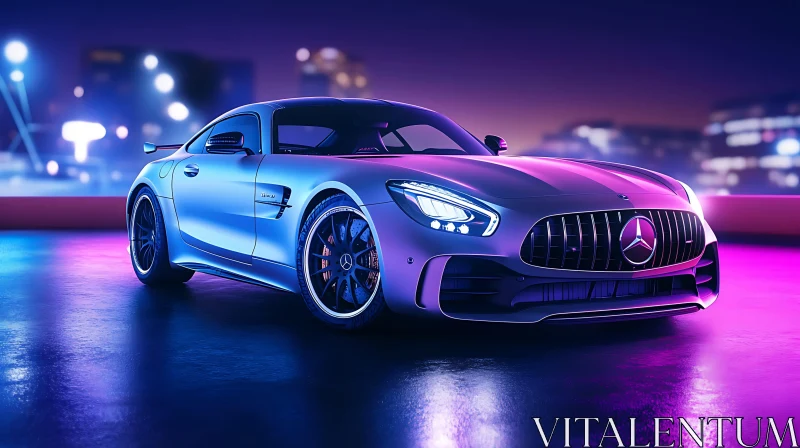 Metallic Silver Mercedes-Benz at Night AI Image