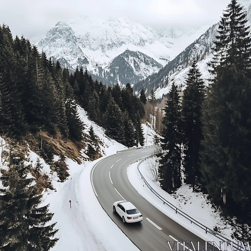 Winter Mountain Road with Car AI Image