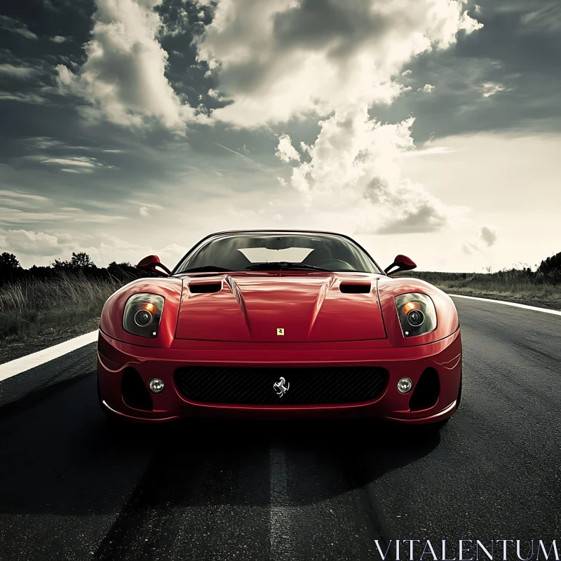 Red Luxury Car on a Clear Road AI Image