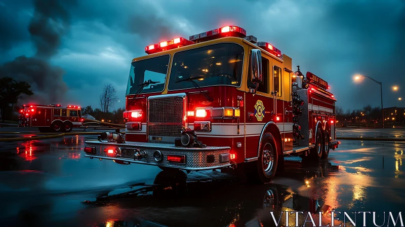 Nighttime Fire Truck Scene with Reflections AI Image