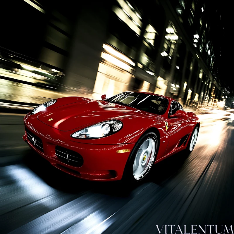 Luxury Red Car Speeding on City Streets at Night AI Image