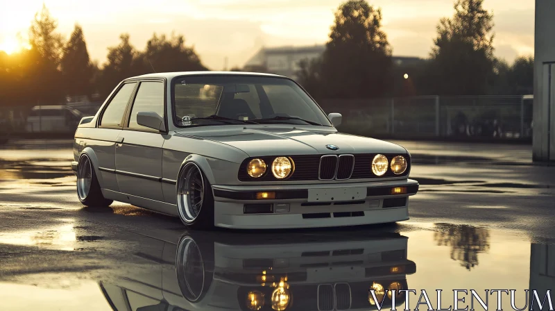 Vintage BMW Automobile Reflecting at Dusk AI Image