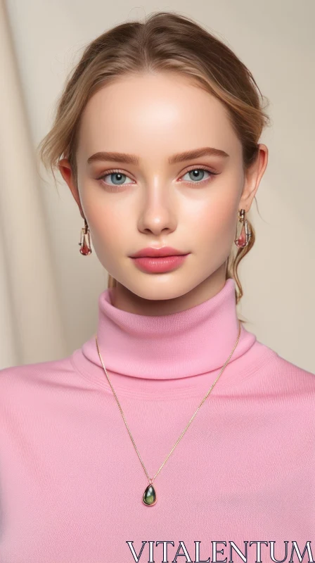 Fashion Model in Pink Turtle Neck Sweater with Gold Pendant and Necklace AI Image