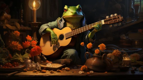 Frog Guitarist: A Whimsical Night in Bloom