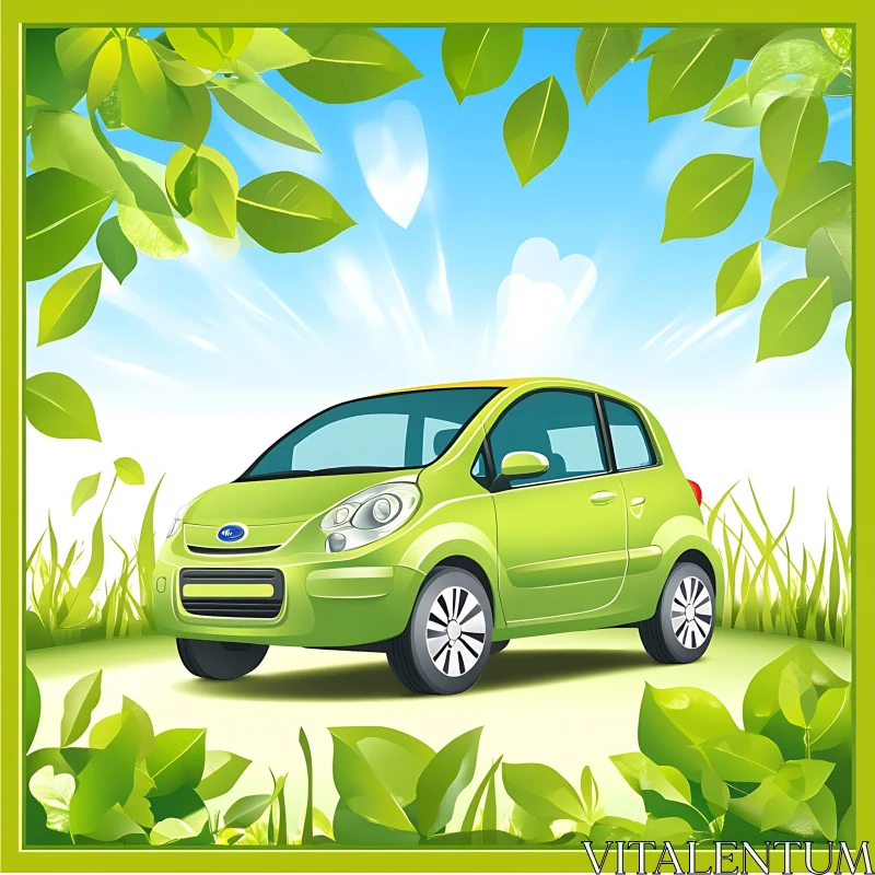 Green Car in a Springtime Nature Scene AI Image