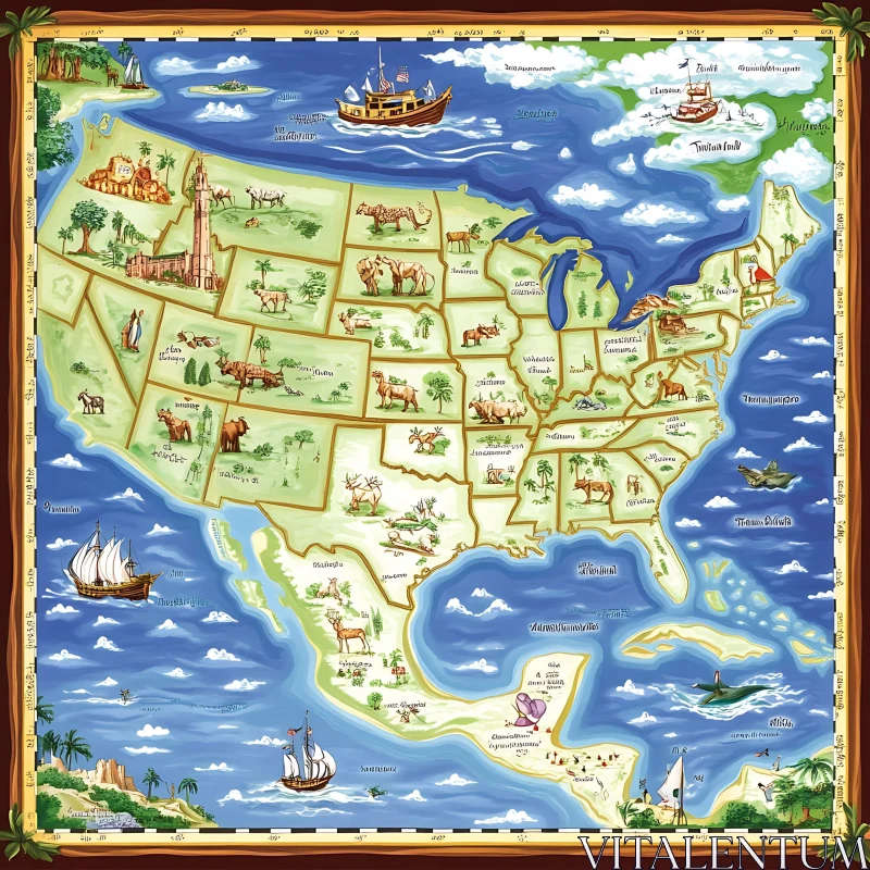 USA Map Illustration with State Animals and Landmarks AI Image