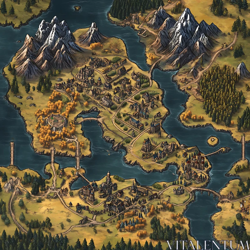 Exquisite Map of Fantasy World with Medieval Cities AI Image