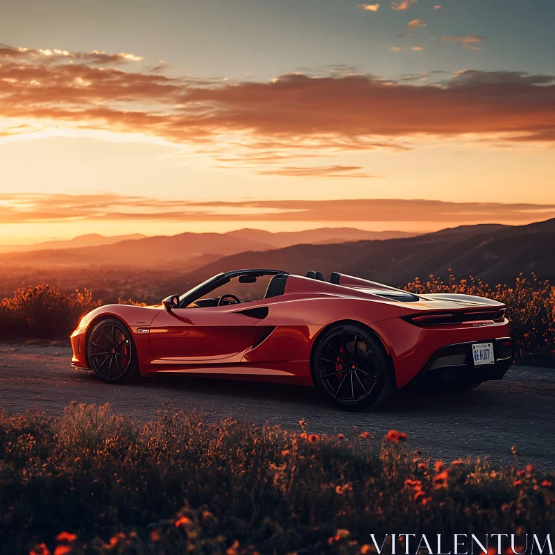 Red Sports Car in Sunset Landscape AI Image