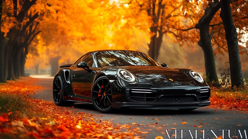 Luxury Black Car Amidst Autumn Leaves AI Image