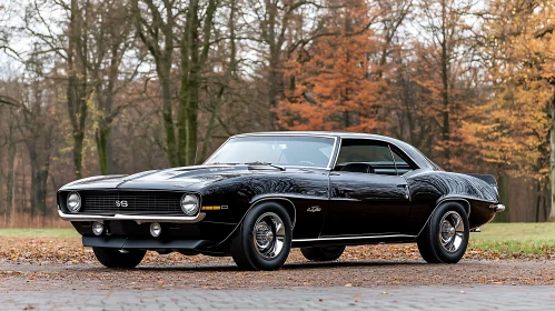 Vintage Black Muscle Car in Fall Foliage