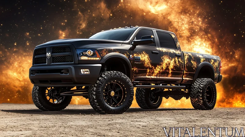 Black Pickup Truck with Fire Themed Design in Space AI Image