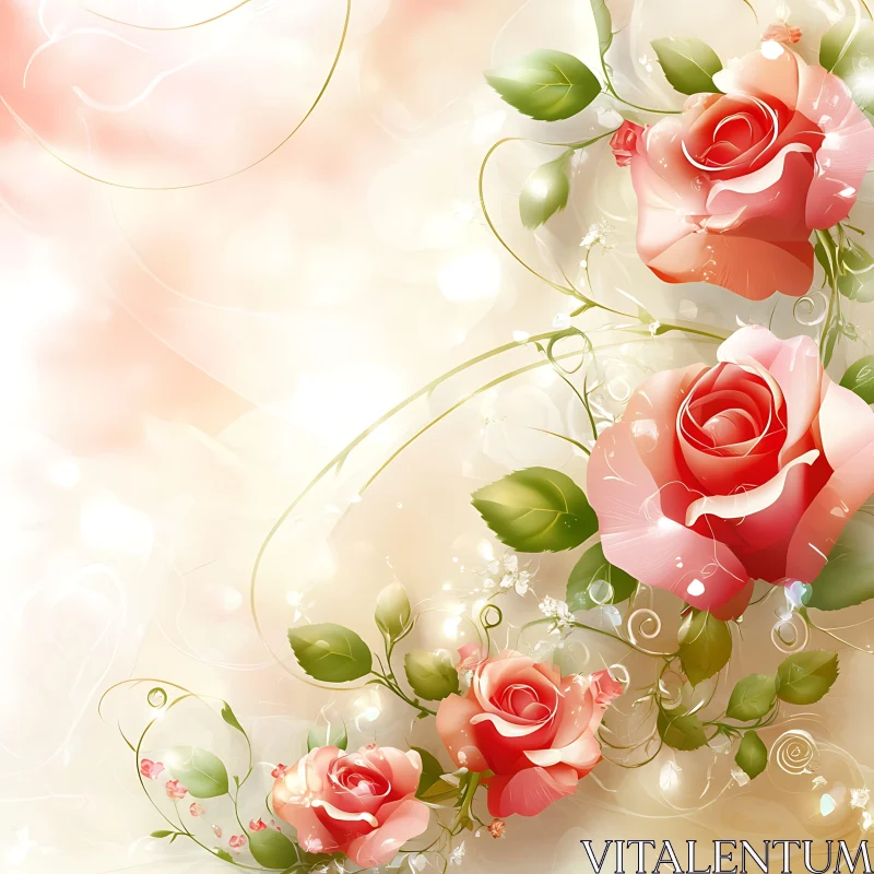 Graceful Roses with Green Leaves in Pastel Setting AI Image