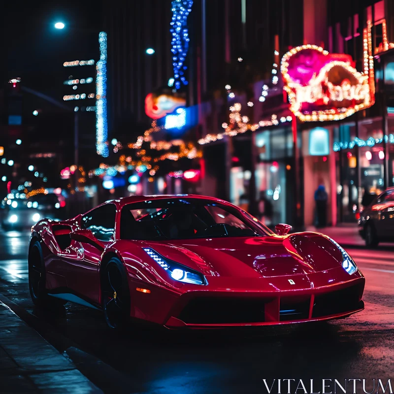 Luxury Red Sports Car in Urban Nightscape AI Image