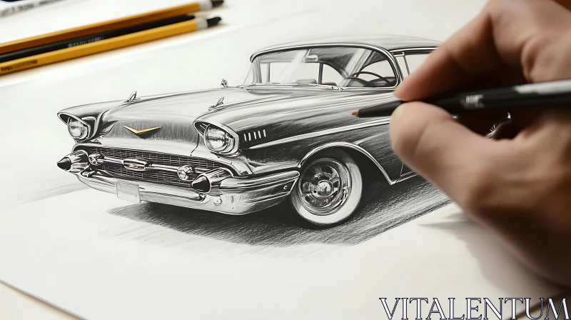 Classic Car Drawing in Pencil AI Image