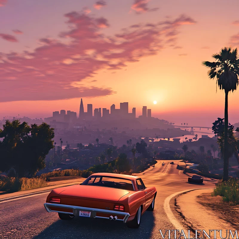 Classic Car at Sunset with City View AI Image