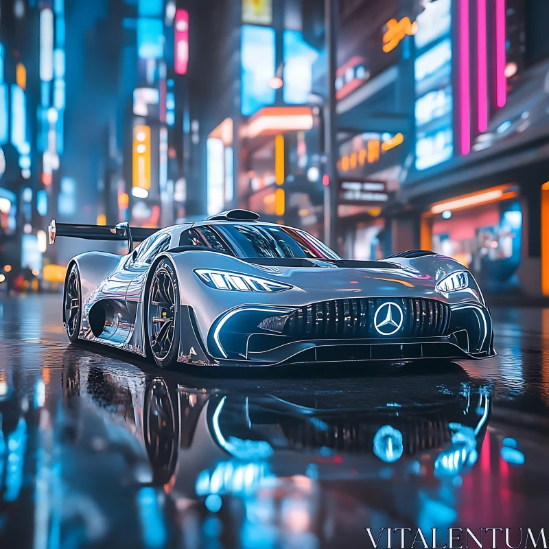 Silver Supercar in a Vibrant Nighttime Urban Setting AI Image