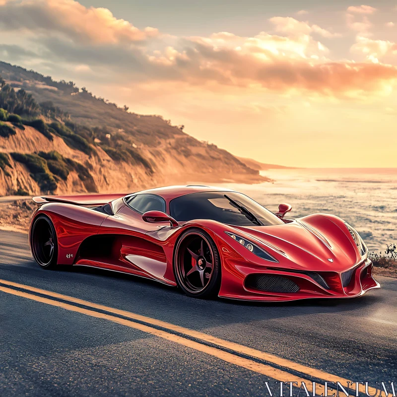 Supercar by the Ocean at Sunset AI Image