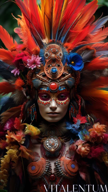 Colorful Feathered Costume Portrait of Woman in the Jungle AI Image