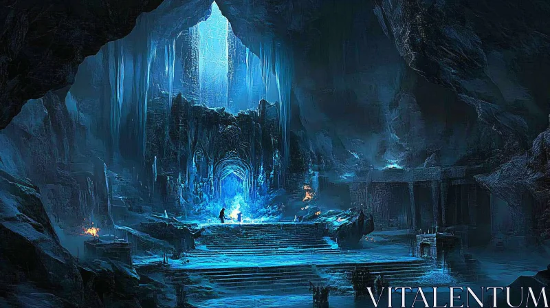 Secret Staircase and Mystic Blue Light in Cavern AI Image