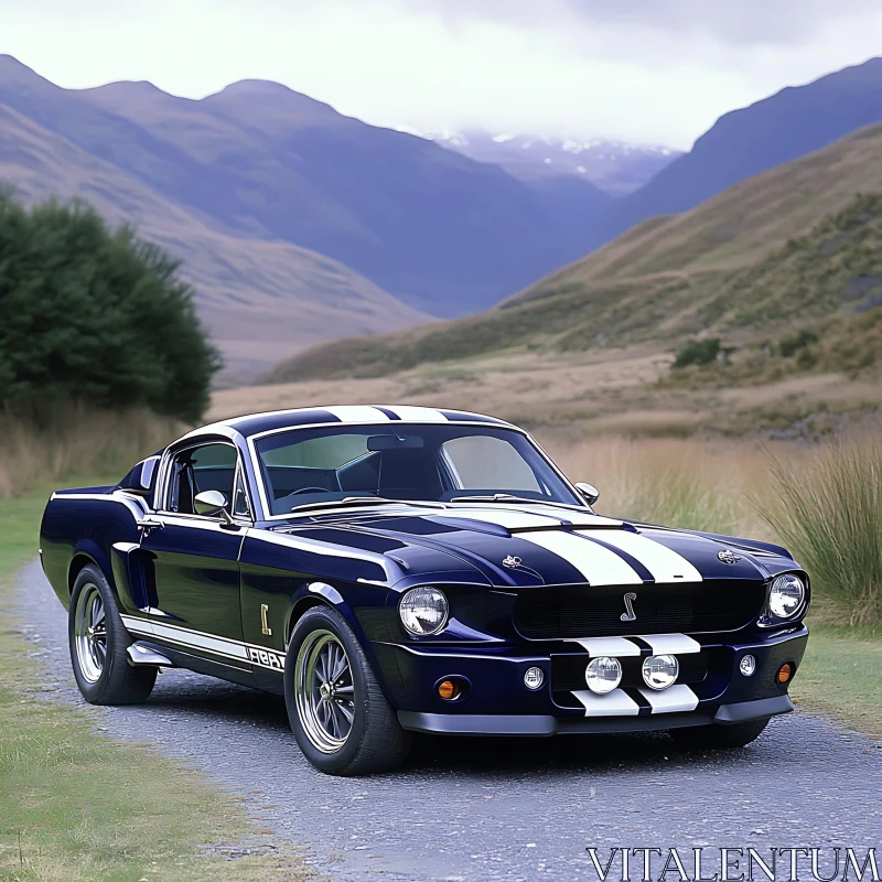 Vintage Blue and White Ford Mustang in Nature AI Image