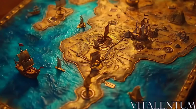 Historic Map with Miniature Ships and Treasure Icons AI Image