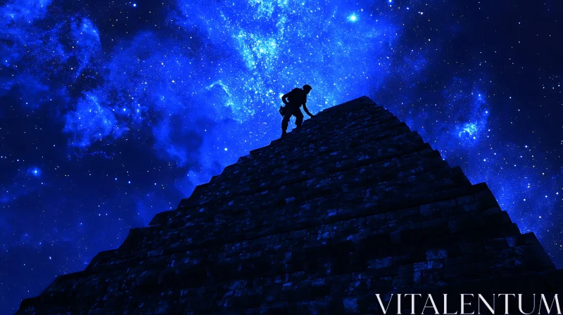 AI ART Climbing Pyramid beneath Cosmic Night Sky