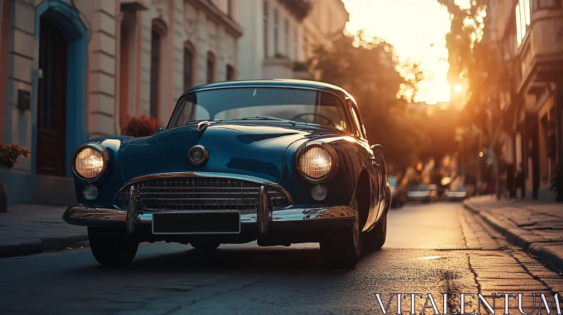 Classic Car at Sunset on Cobblestone Street AI Image