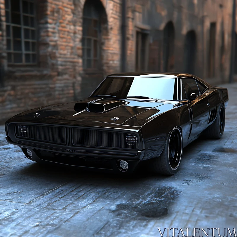 Classic Black Muscle Car in Old City AI Image