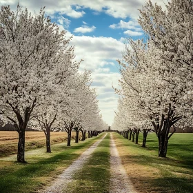 Blossom Lined Pathway Through Fields