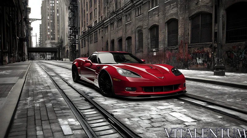 Sleek Red Car on Cobblestone Street AI Image