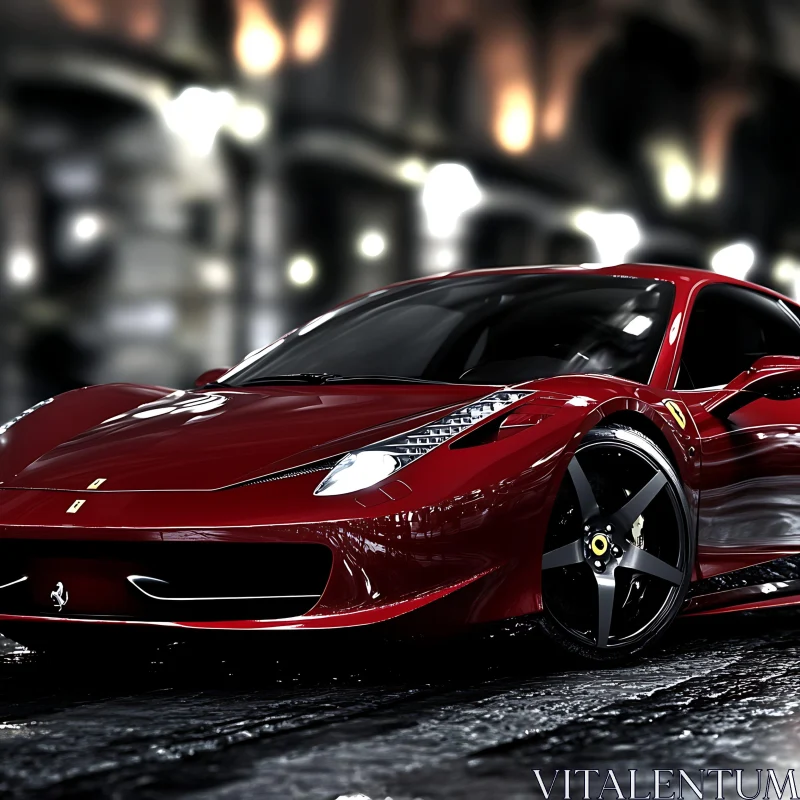 Luxury Red Sports Car at Night AI Image