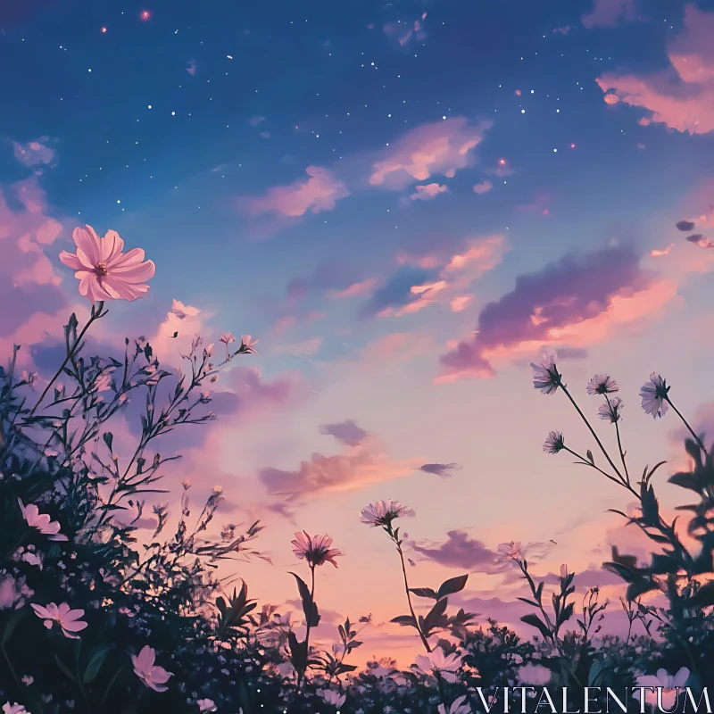 Sunset Painted Sky with Beautiful Flower Silhouettes AI Image