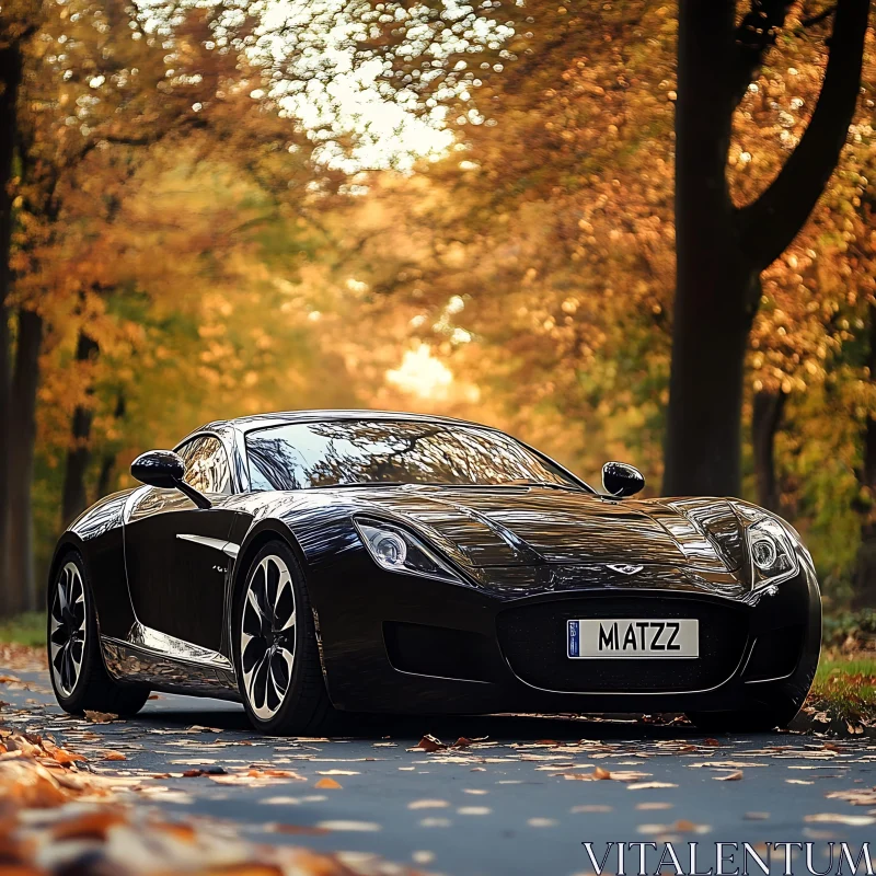 Luxurious Black Car Among Autumn Foliage AI Image