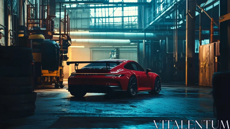 Sleek Red Sports Car in a Gritty Garage AI Image