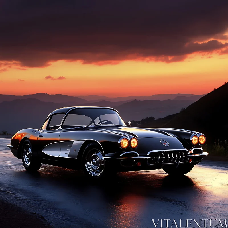 AI ART Vintage Car on Wet Road During Sunset