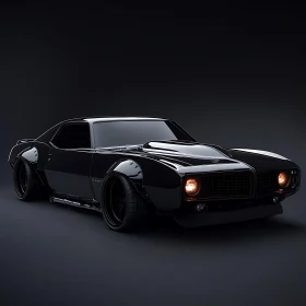 Glossy Black Vintage Automobile with Illuminated Headlights