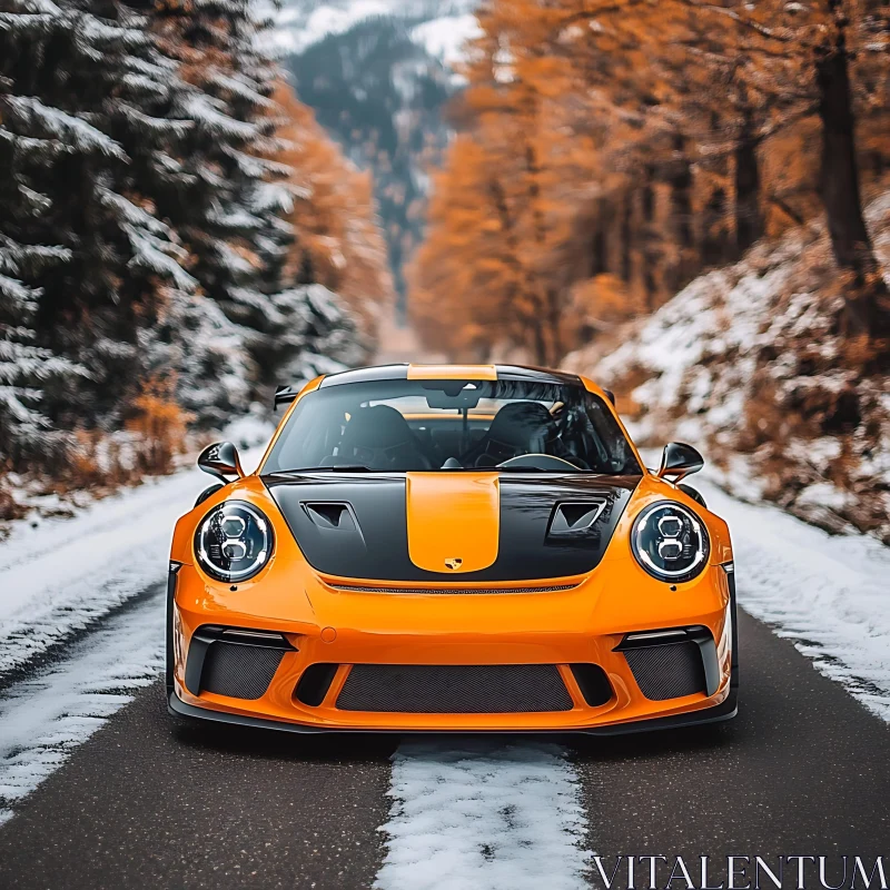 Vibrant Orange Car in Winter Mountains AI Image