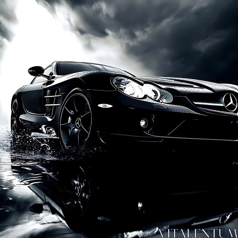 Sleek Black Car Amidst Storm Clouds on Wet Surface AI Image