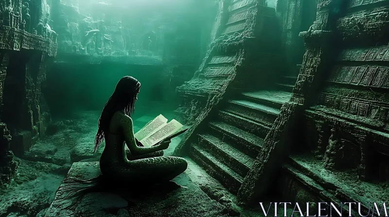 Ancient Underwater Ruins with Reading Mermaid AI Image